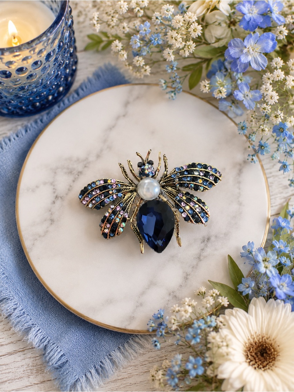 Blue Crystal Bee Brooch with Pearl Accent